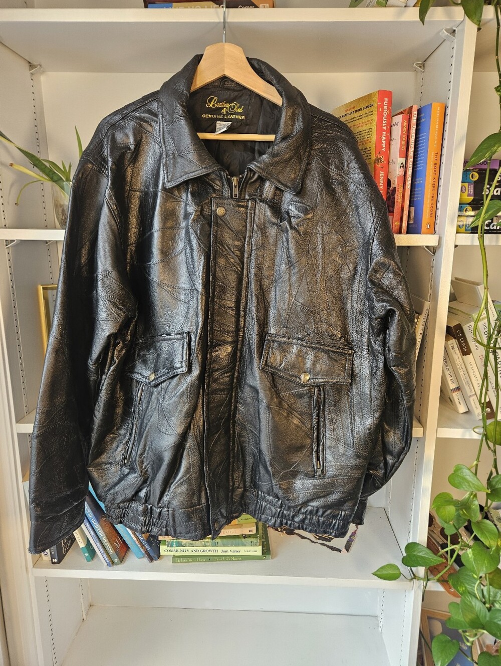 Vintage Black Men's Leather Jacket Patchwork Size Large Fall Winter Retro Moto